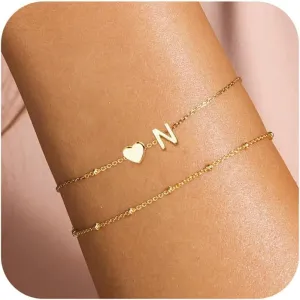 DEARMAY Dainty Initial Heart Gold Bracelets for Women Trendy, 14K Real Gold Letter Charm Bracelet Jewelry Cute Simple Fashion Chain Bracelets for Women Gift
