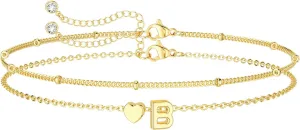 DEARMAY Dainty Initial Heart Gold Bracelets for Women Trendy, 14K Real Gold Letter Charm Bracelet Jewelry Cute Simple Fashion Chain Bracelets for Women Gift