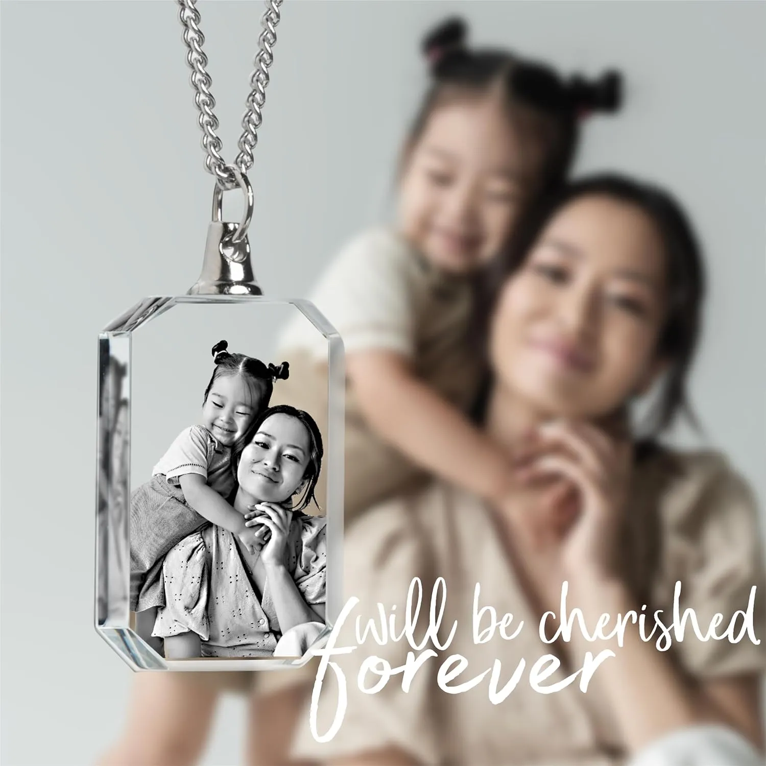 DEEP 3D Crystal Photo, Mothers Day Custom Necklace Heart, Personalized Gifts for Mom, 3D Picture in Crystal, 3D Laser Etched, Gifts for Women (Rectangular)