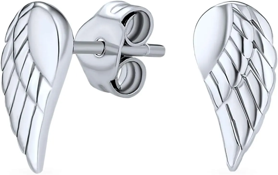 Delicate Petite Spiritual Protector Guardian Angel Wing Feather Stud Earrings Cartilage Helix Ear Lobe Double Piercing For Women Teen .925 Sterling Silver