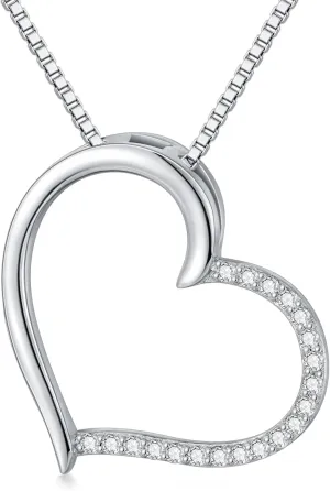 Diamond Heart Necklaces for Women 925 Sterling Silver Simple Heart Pendant Necklace Diamond Jewelry Valentine Gifts for Her Wife Girlfriend