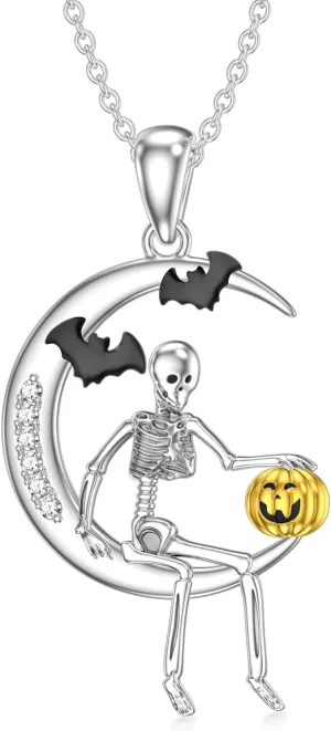 Diamond Skull Necklace 925 Sterling Silver Skull Pumpkin Halloween Pendant Necklaces Jewelry Gift for Women Mom Wife