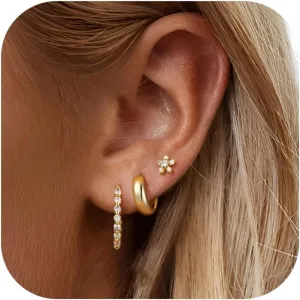 Dochais Hoop Huggie Earrings Set for Women 14K Gold Filled Earring Sets for Multiple Piercing Hypoallergenic Dangle Huggie Hoop Flat Back Earrings Stacks Gold Jewelry