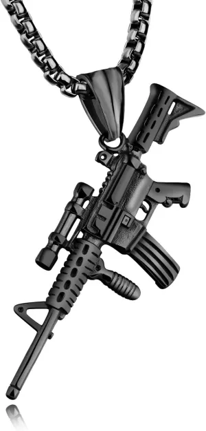 Dreuyet Gun Necklace for Men Women Titanium steel Full drill CZ Machine Gun Charm Pendants Silver and Gold Plated Hip hop Submachine Gun Pendant Necklaces Rifle Shape Army Style Gun Pendent Necklace