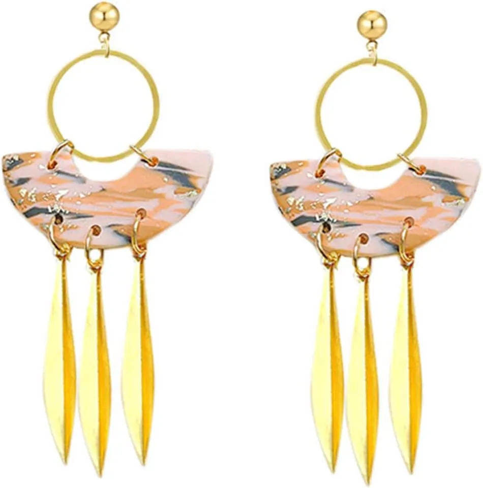 Dreuyet Lightweight Statement Acrylic Earrings Vintage Handmade Polymer Ceramic Clay Clay Tassel Dangle Earrings Multilayer Geometric Oval Sector U-Shape Minimalis Drop Earrings for Women Girls Trendy Jewelry Gifts