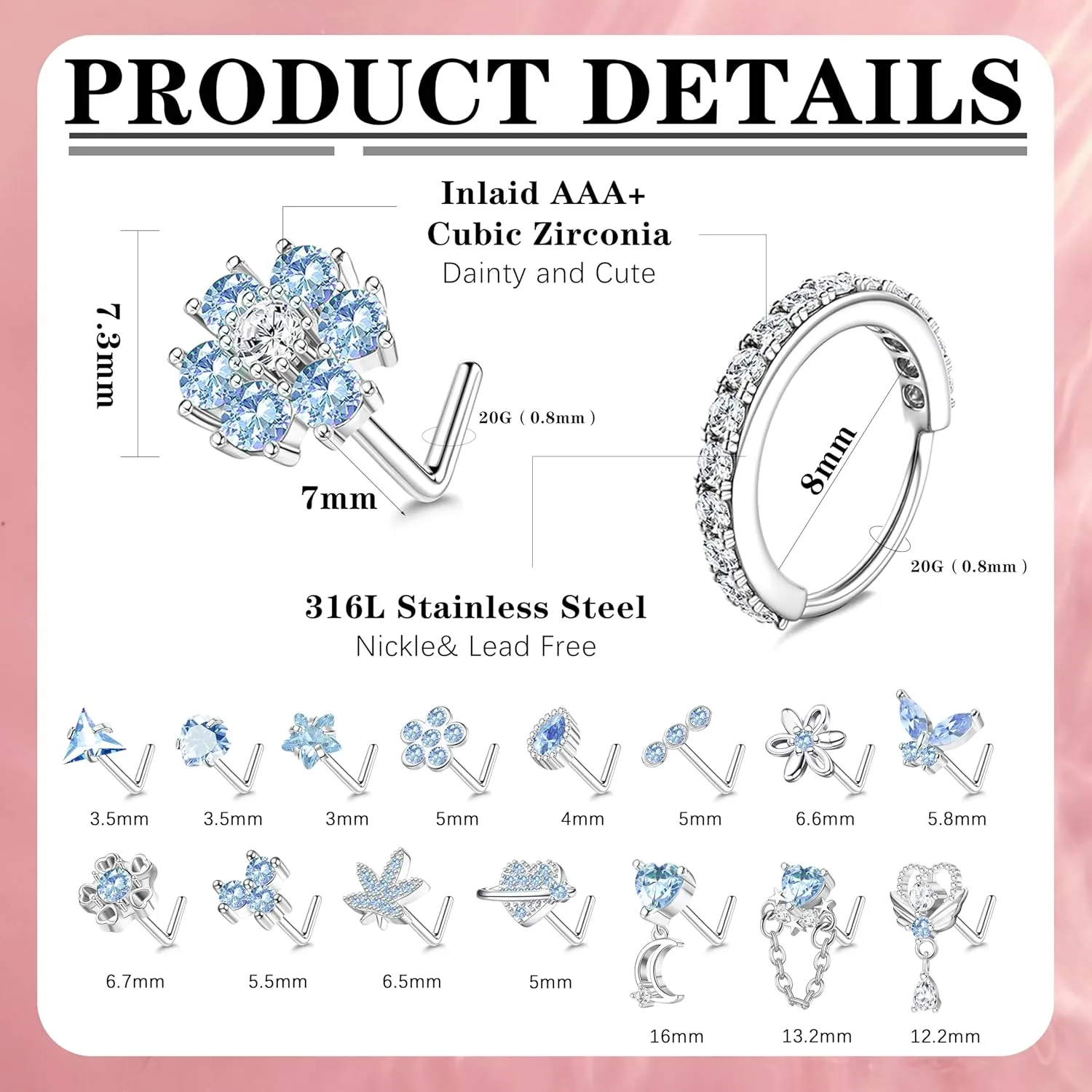 Drperfect Nose Rings L Shaped Nose Studs Ring Hypoallergenic Stainless Steel Nose Ring-Dangle CZ Butterfly Flower Nose Studs Hoops Piercings Jewelry Gift for Women Men 20G Pink/Blue/Clear