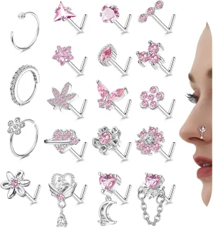 Drperfect Nose Rings L Shaped Nose Studs Ring Hypoallergenic Stainless Steel Nose Ring-Dangle CZ Butterfly Flower Nose Studs Hoops Piercings Jewelry Gift for Women Men 20G Pink/Blue/Clear
