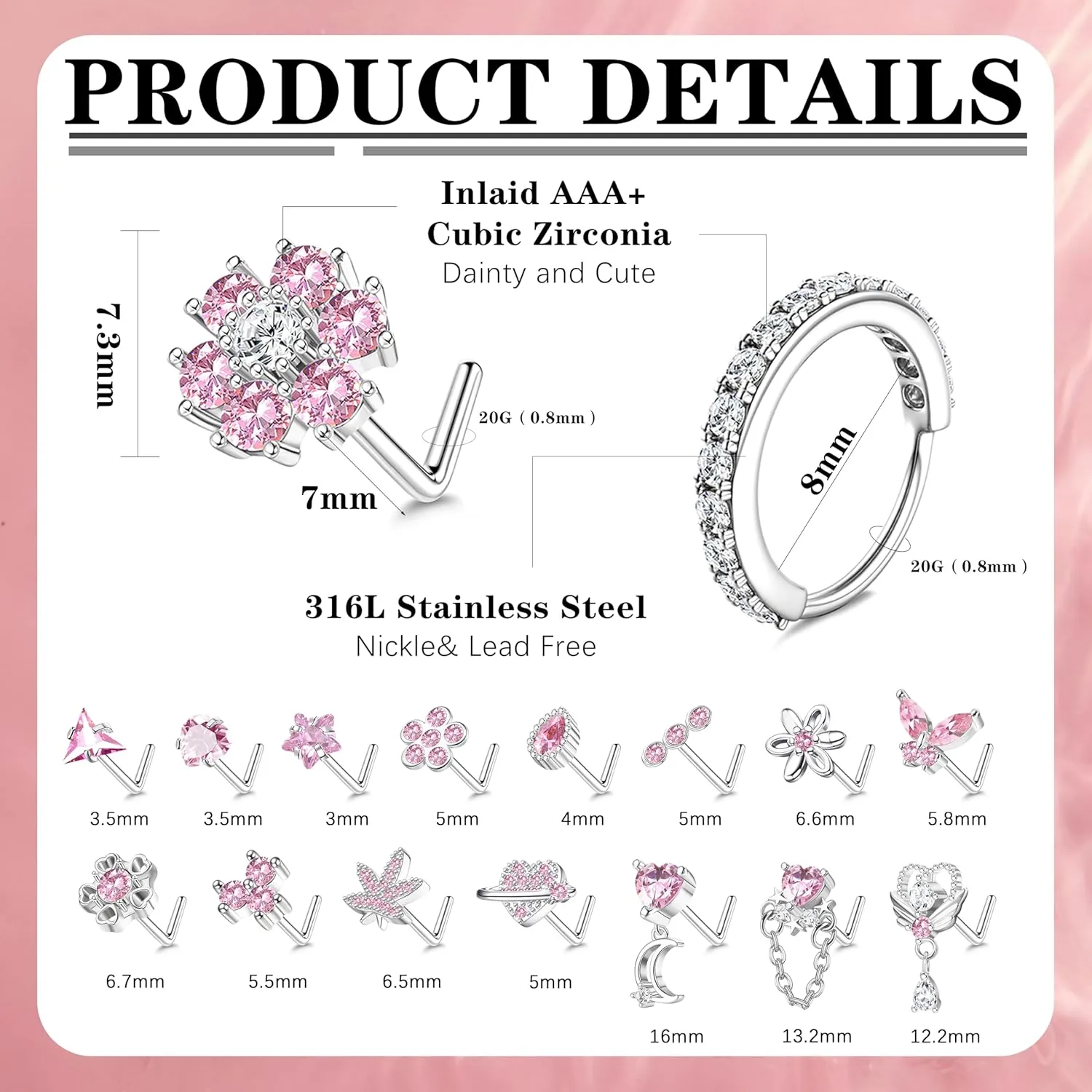 Drperfect Nose Rings L Shaped Nose Studs Ring Hypoallergenic Stainless Steel Nose Ring-Dangle CZ Butterfly Flower Nose Studs Hoops Piercings Jewelry Gift for Women Men 20G Pink/Blue/Clear