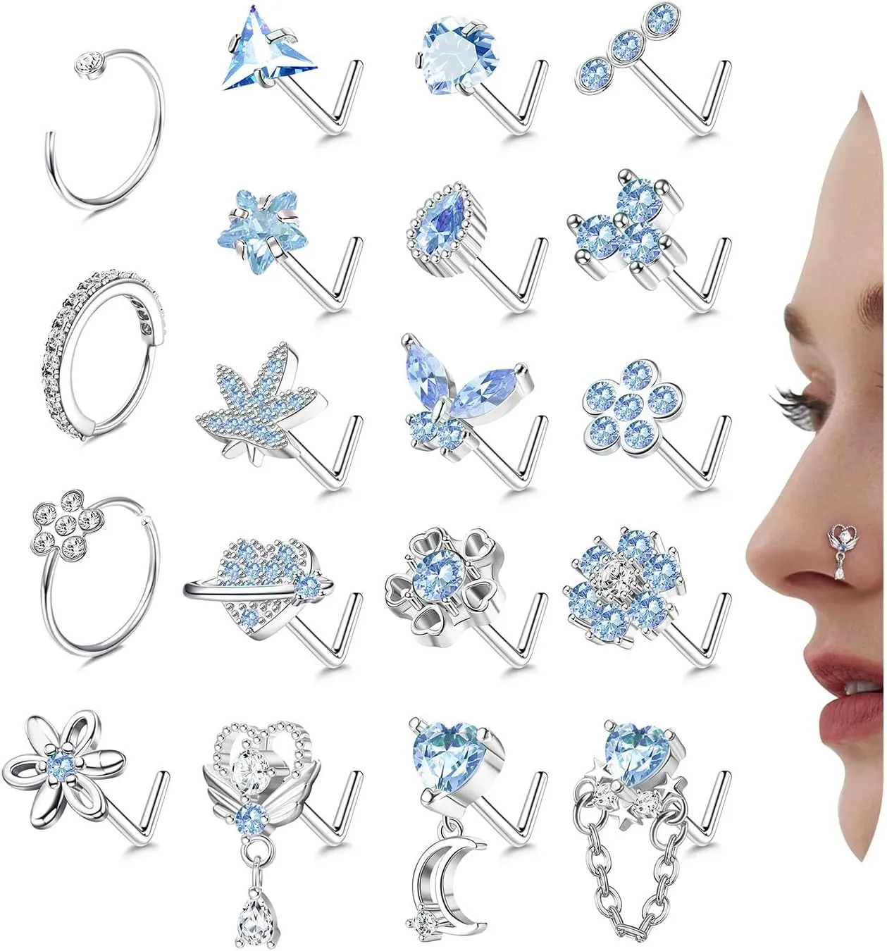 Drperfect Nose Rings L Shaped Nose Studs Ring Hypoallergenic Stainless Steel Nose Ring-Dangle CZ Butterfly Flower Nose Studs Hoops Piercings Jewelry Gift for Women Men 20G Pink/Blue/Clear