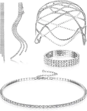 Drperfect Women Rhinestone Jewelry Set Flapper Cap Headpiece Head Jewelry Chains Stretch Bracelet Choker Necklace Dangle Fringe Earrings Silver Accessories for Wedding Jewelry