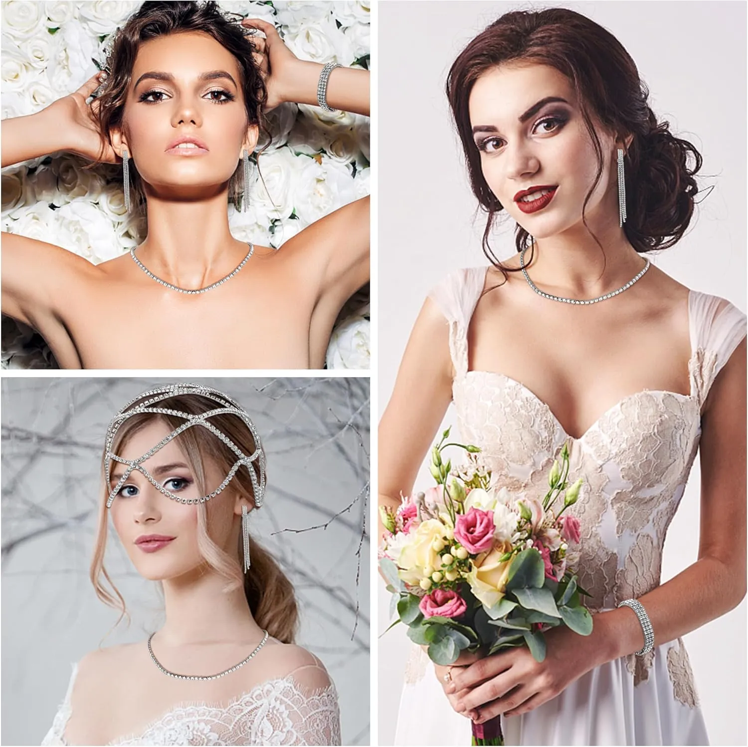 Drperfect Women Rhinestone Jewelry Set Flapper Cap Headpiece Head Jewelry Chains Stretch Bracelet Choker Necklace Dangle Fringe Earrings Silver Accessories for Wedding Jewelry