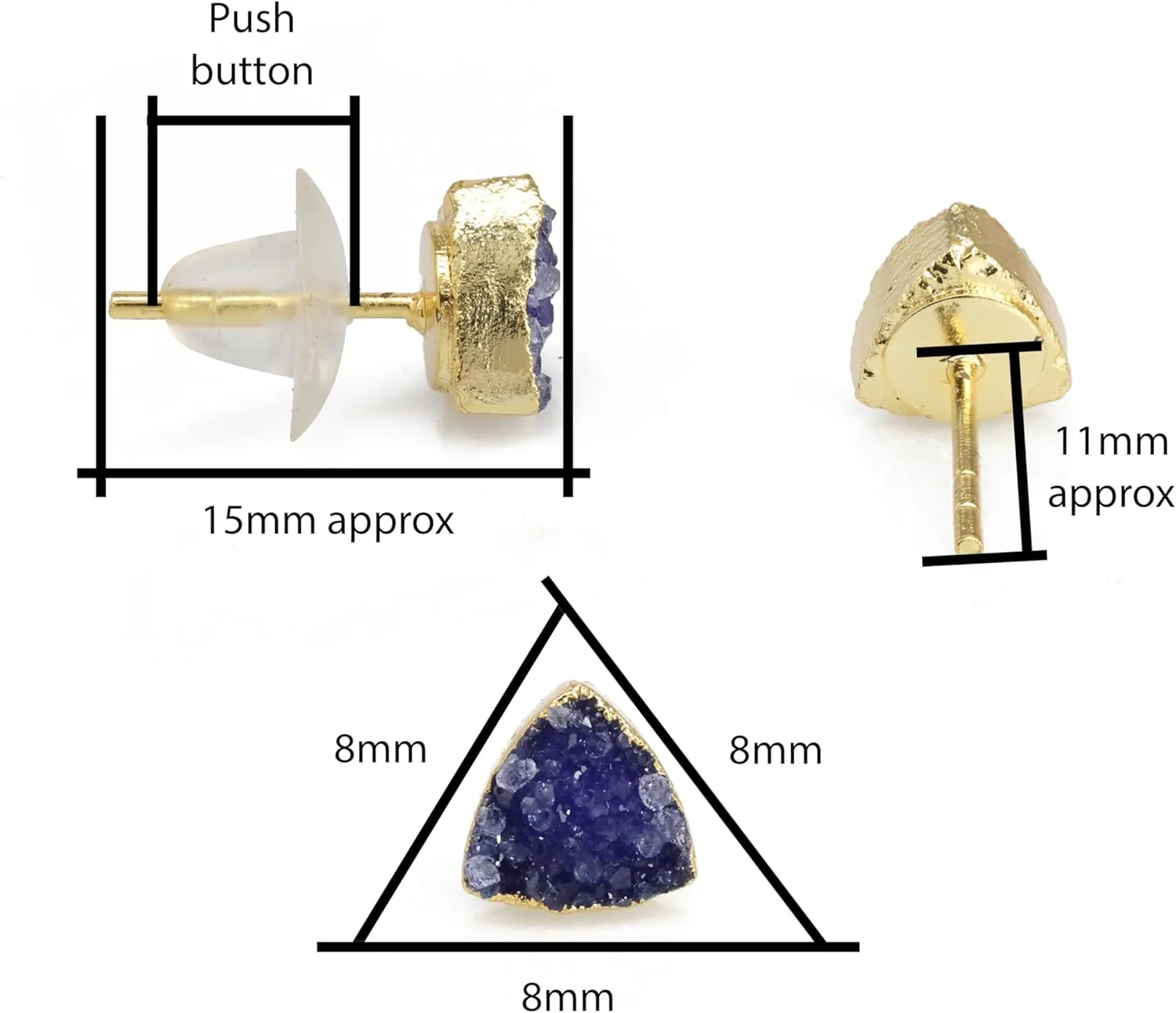 Druzy Quartz Crystal Healing Gemstone Golden Edge Trillion Shape Stud Earrings Stone Size 8mm