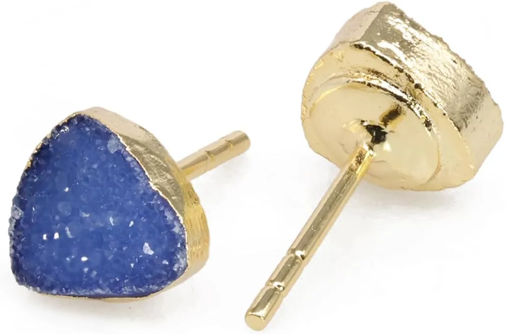 Druzy Quartz Crystal Healing Gemstone Golden Edge Trillion Shape Stud Earrings Stone Size 8mm