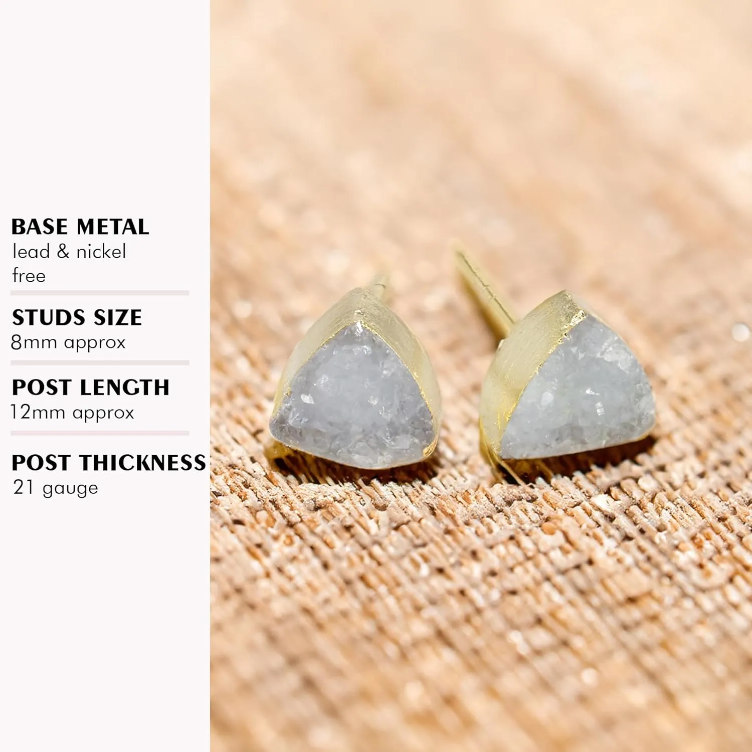 Druzy Quartz Crystal Healing Gemstone Golden Edge Trillion Shape Stud Earrings Stone Size 8mm