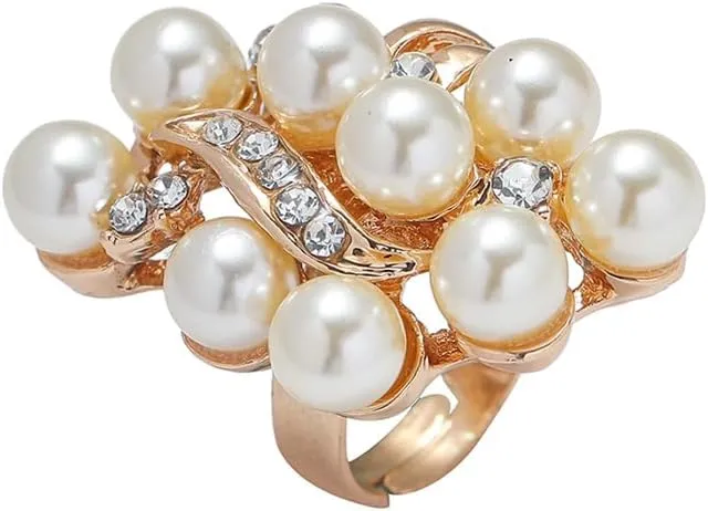 Dtja Elegant CZ Pearl Statement Wedding Ring for Women Lady Rhinestone Crystal Artificial Shell Pearls Ball Cluster Adjustable Wrap Band Rings Birthday Cocktail Party Ring Comfort Fit Jewelry