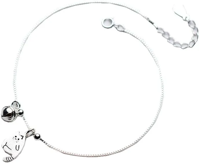 Dtja Sterling Silver Cute Cat Anklets for Women Charm Boho Ankle Bracelet Ball Bead Bell Dangling Adjustable Box Chains Beach Wedding Foot Jewelry Birthday Christmas for Daughter 9 inch