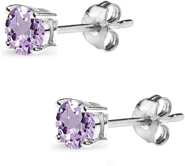 Earrings for Women Sterling Silver Trendy 4mm, 5mm, 7mm, 8mm Solitaire Purple Stud Round Genuine Amethyst Studs for Bridesmaids
