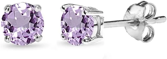 Earrings for Women Sterling Silver Trendy 4mm, 5mm, 7mm, 8mm Solitaire Purple Stud Round Genuine Amethyst Studs for Bridesmaids