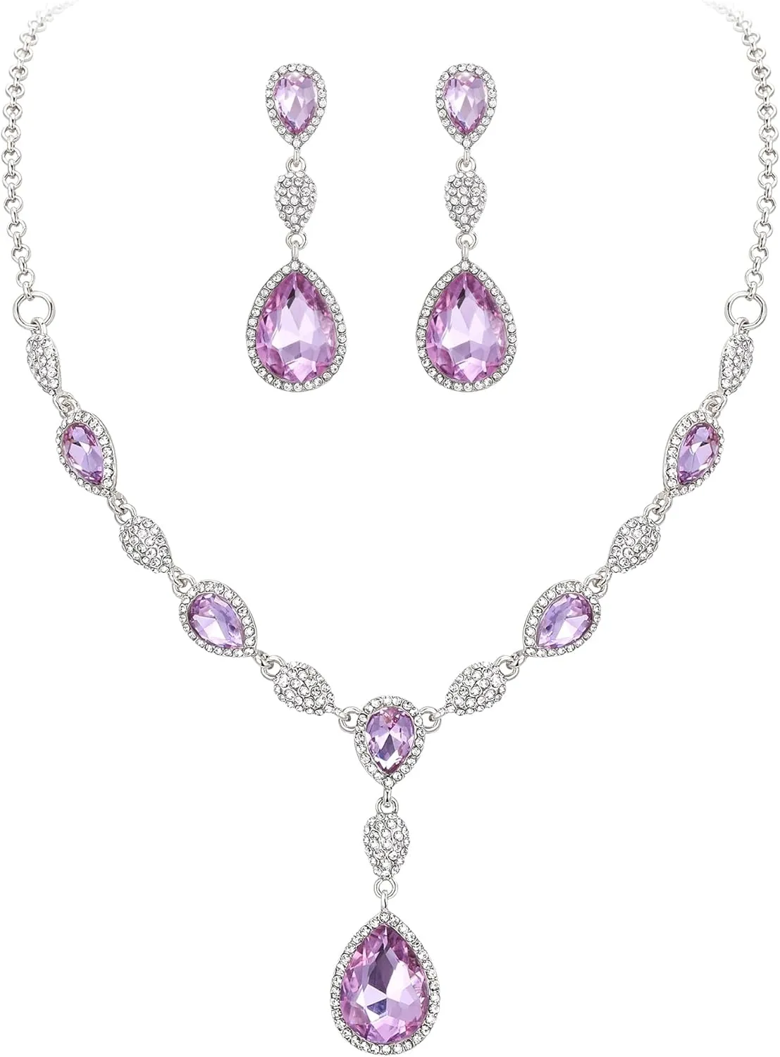EleQueen Women's Cubic Zirconia Teardrop Y-Necklaces Dangle Earrings Jewelry Sets for Brides Bridesmaids