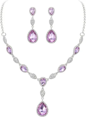 EleQueen Women's Cubic Zirconia Teardrop Y-Necklaces Dangle Earrings Jewelry Sets for Brides Bridesmaids