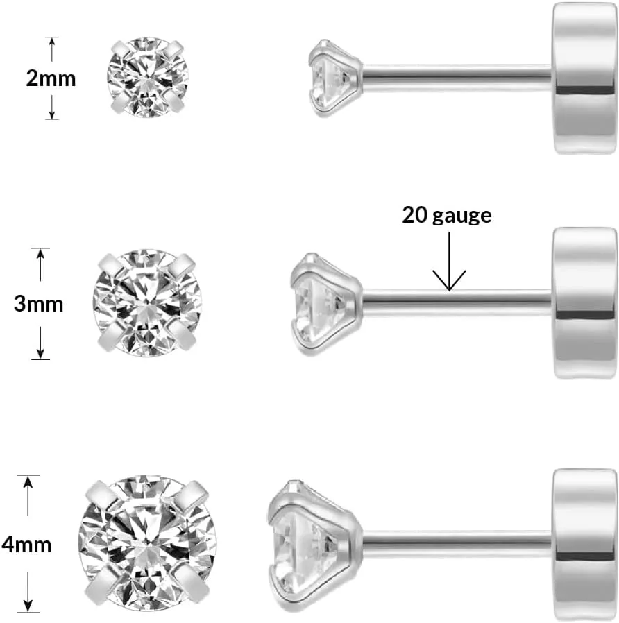 EnCharmed Tiny CZ Screw On Flat Back Stud Earrings, Surgical Steel Cubic Zirconia Earrings for Cartilage Tragus Earlobe Helix Piercing, Gift for Women Men