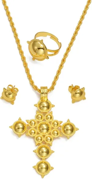 Ethiopian Jewelry Set - Traditional Cross Necklace, Earrings & Rings - African Party Accessories for Women