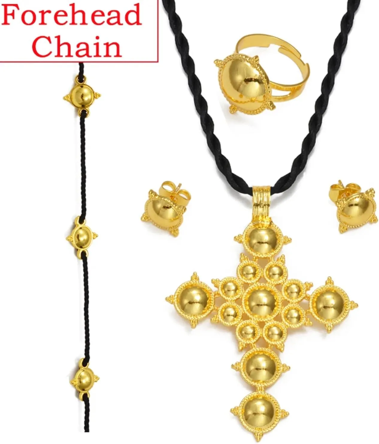 Ethiopian Jewelry Set - Traditional Cross Necklace, Earrings & Rings - African Party Accessories for Women