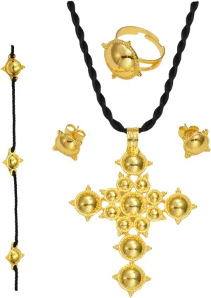 Ethiopian Jewelry Set - Traditional Cross Necklace, Earrings & Rings - African Party Accessories for Women