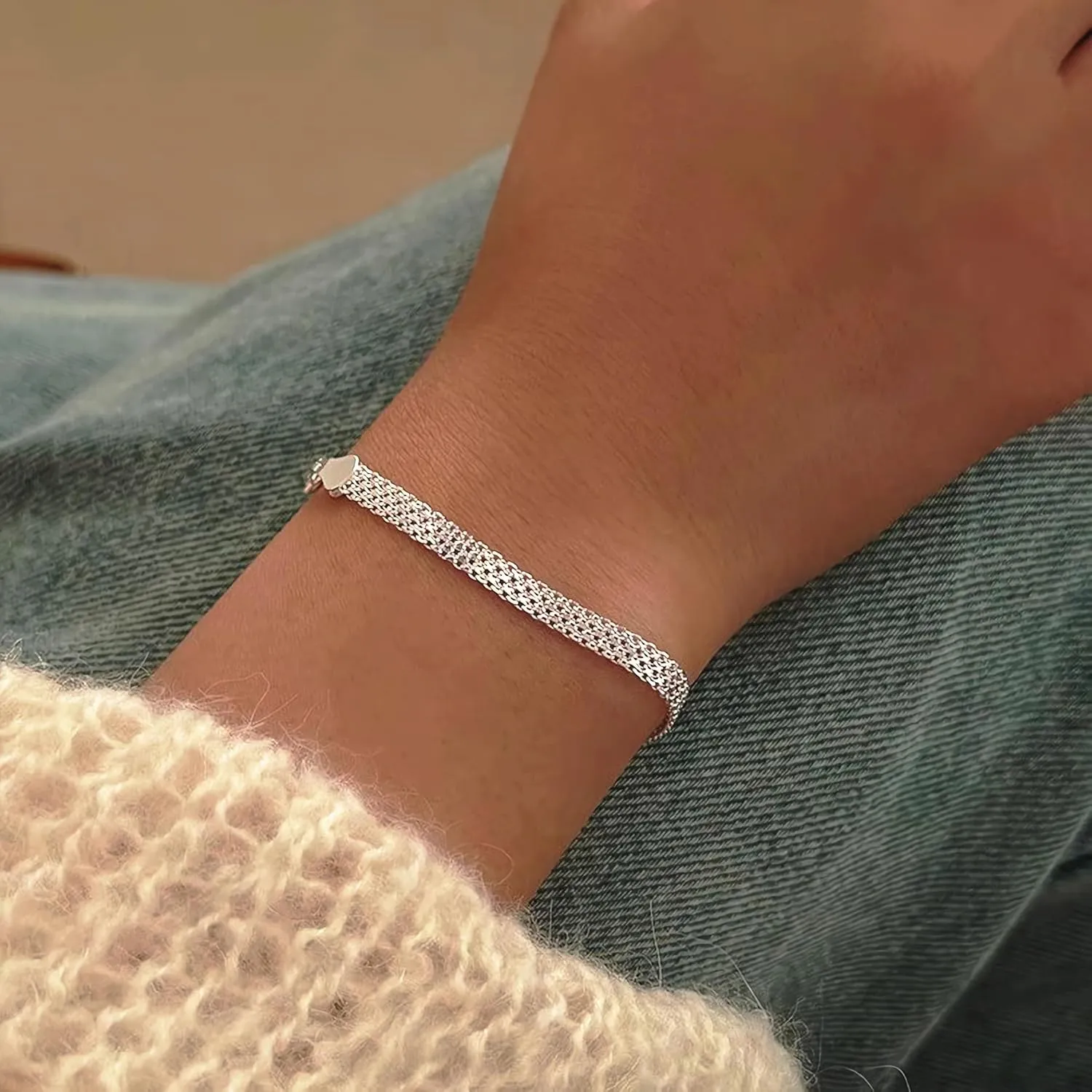 Exquisite Weaving Mesh Bracelets for Women 925 Sterling Silver Chunky Trendy Link Chain Bracelet for Men 14K Gold Plated Dainty Simple Adjustable Bracelets Jewelry Size 16 3 CM Graduation Gift