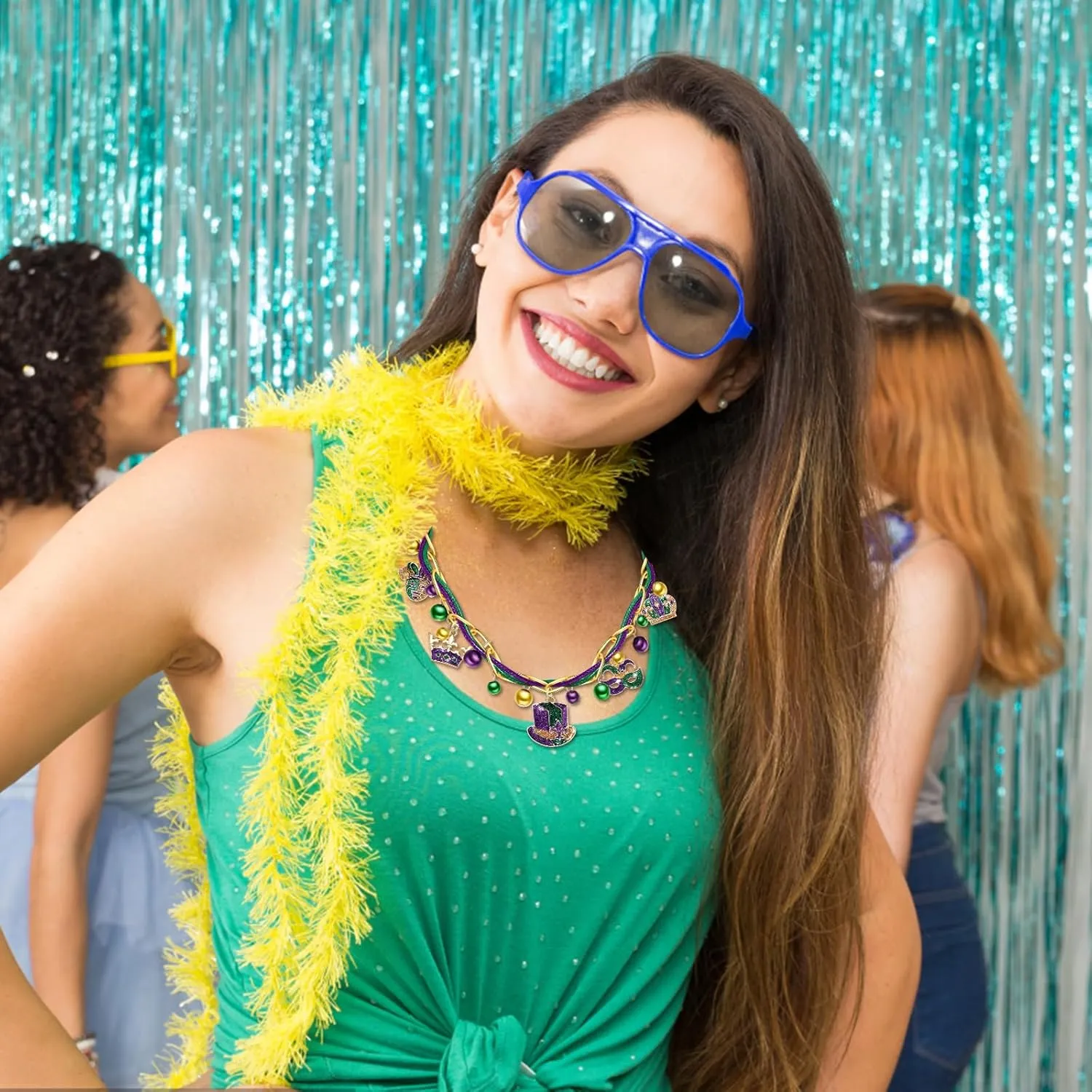 FAERLIIRY Mardi Gras Necklace Bulk Carnival Long Necklaces Glitter Fleur De Lis Mask Pendant Necklace for Women Purple Green Gold Link Chain Necklace Mardi Gras Accessories Party Decorations