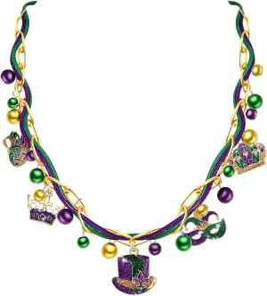 FAERLIIRY Mardi Gras Necklace Bulk Carnival Long Necklaces Glitter Fleur De Lis Mask Pendant Necklace for Women Purple Green Gold Link Chain Necklace Mardi Gras Accessories Party Decorations
