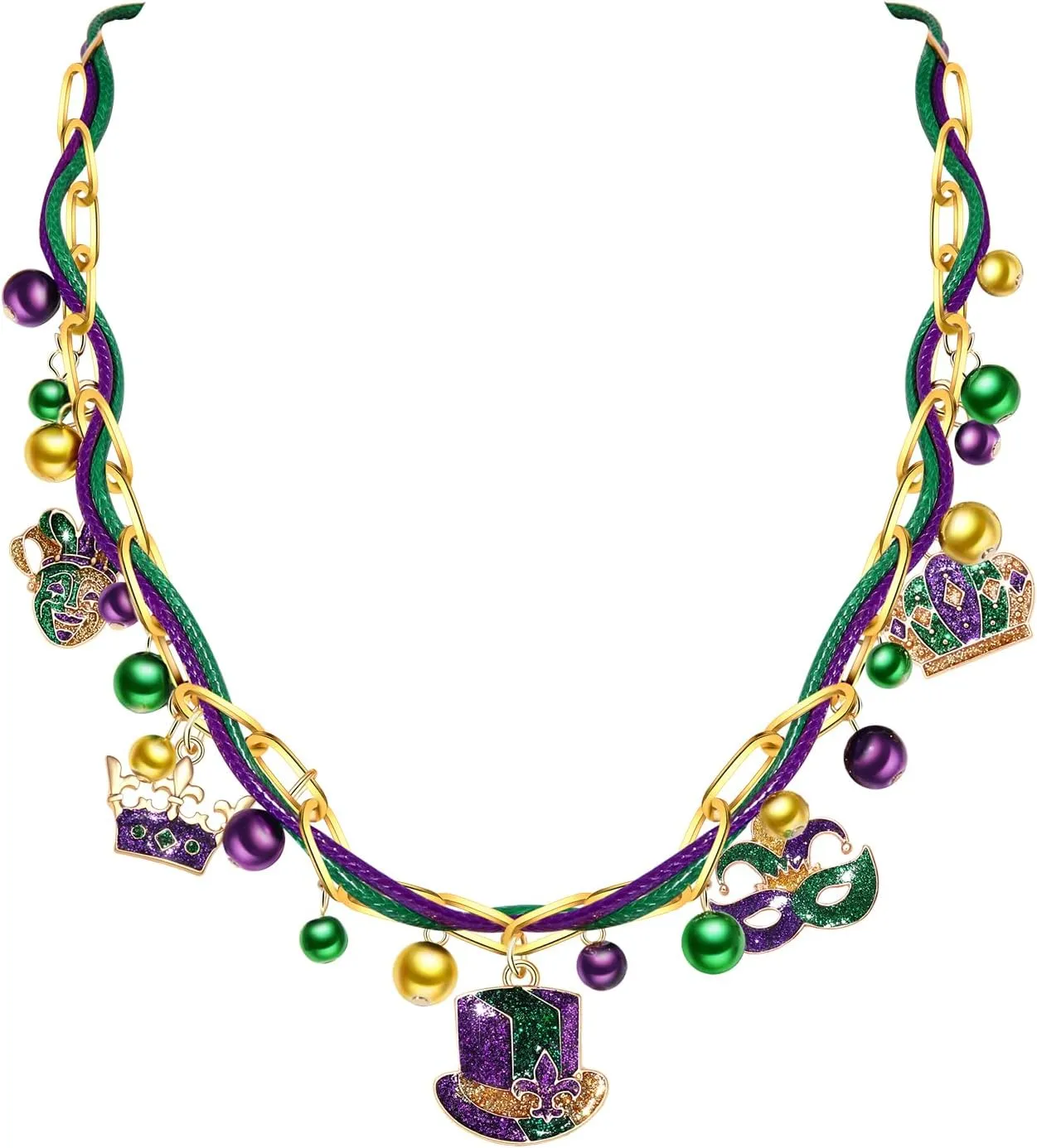 FAERLIIRY Mardi Gras Necklace Bulk Carnival Long Necklaces Glitter Fleur De Lis Mask Pendant Necklace for Women Purple Green Gold Link Chain Necklace Mardi Gras Accessories Party Decorations