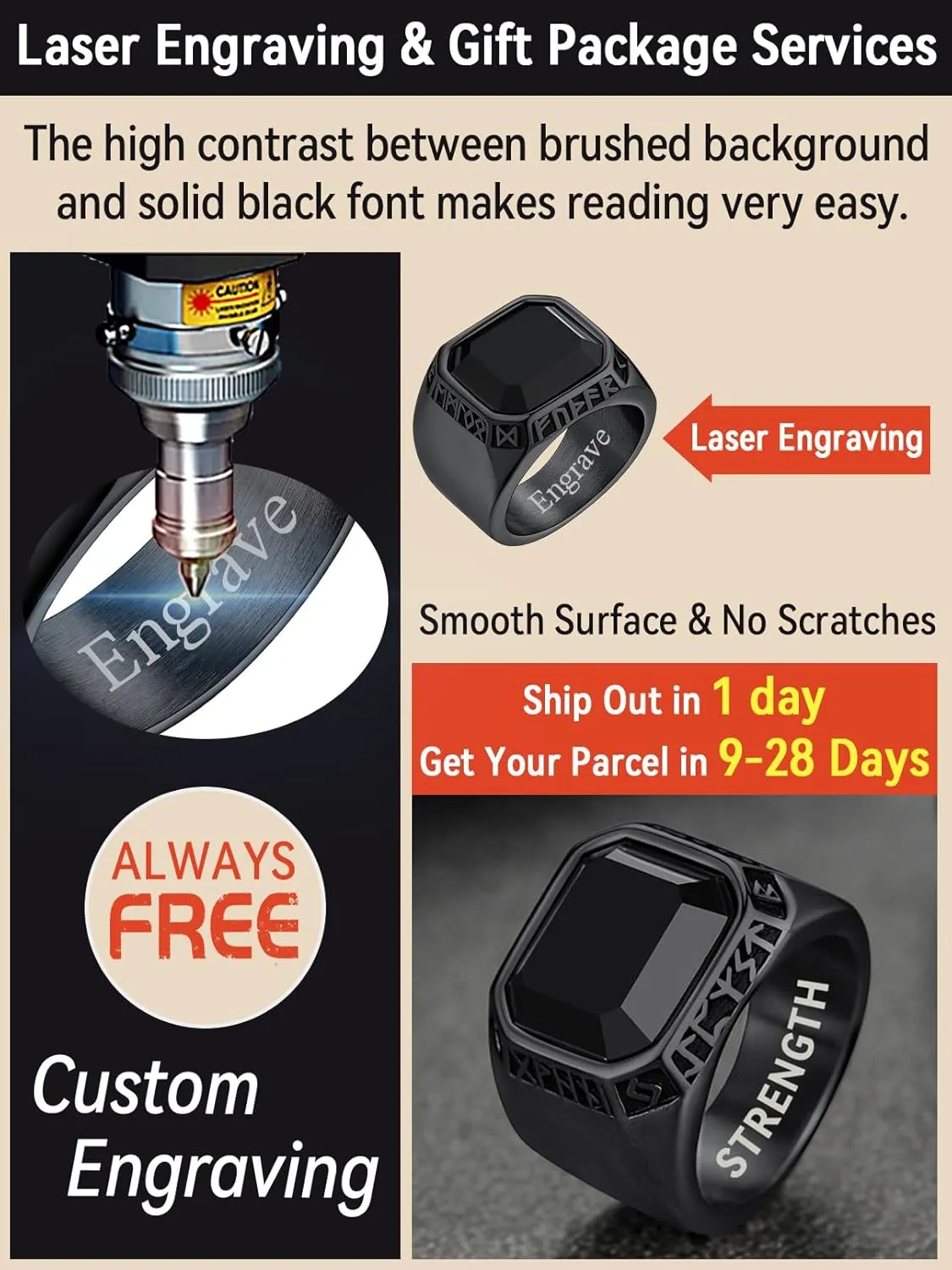 FaithHeart Black Onyx Rings for Men, Stainless Steel Ring with Round/Square Onyx Stone, Mens Norse Runes Celtic Knot Rings Size 7-14