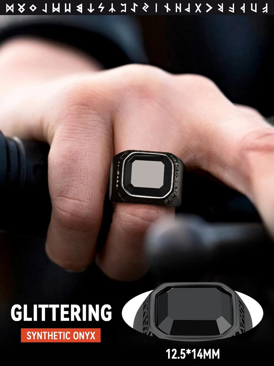FaithHeart Black Onyx Rings for Men, Stainless Steel Ring with Round/Square Onyx Stone, Mens Norse Runes Celtic Knot Rings Size 7-14