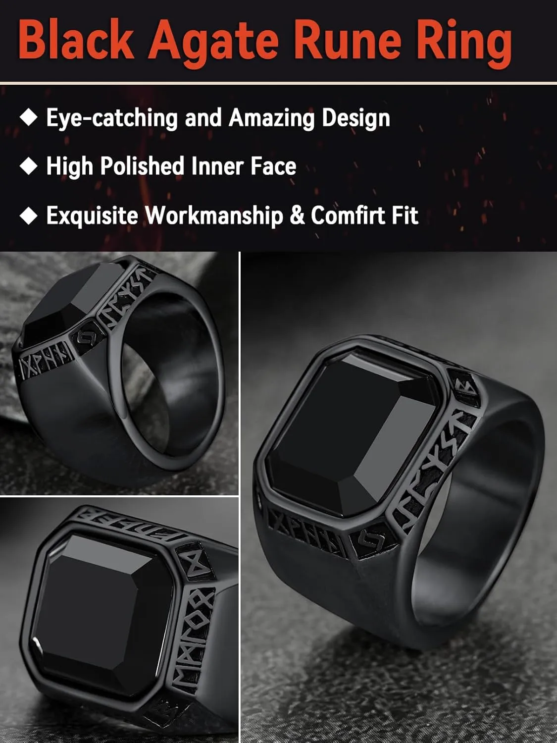 FaithHeart Black Onyx Rings for Men, Stainless Steel Ring with Round/Square Onyx Stone, Mens Norse Runes Celtic Knot Rings Size 7-14