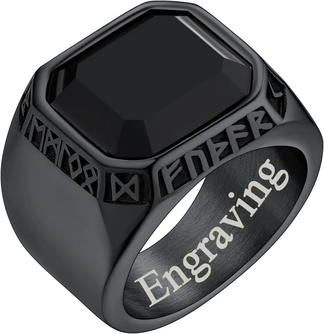 FaithHeart Black Onyx Rings for Men, Stainless Steel Ring with Round/Square Onyx Stone, Mens Norse Runes Celtic Knot Rings Size 7-14