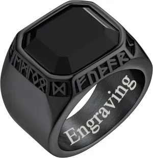 FaithHeart Black Onyx Rings for Men, Stainless Steel Ring with Round/Square Onyx Stone, Mens Norse Runes Celtic Knot Rings Size 7-14
