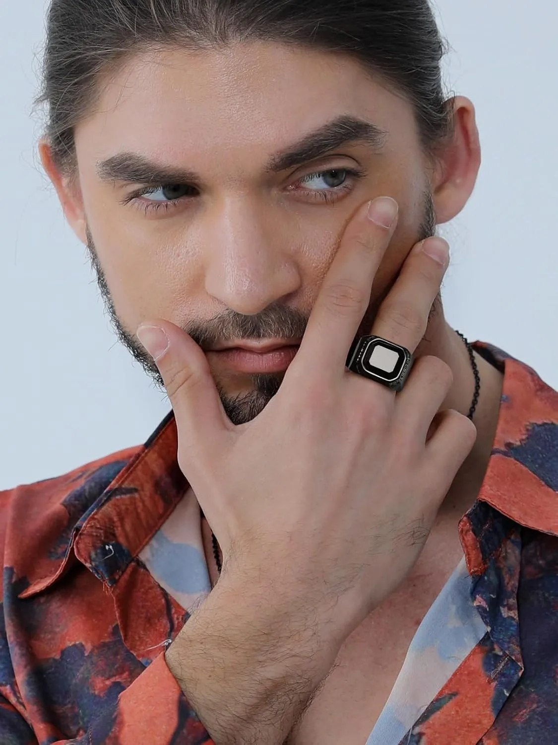 FaithHeart Black Onyx Rings for Men, Stainless Steel Ring with Round/Square Onyx Stone, Mens Norse Runes Celtic Knot Rings Size 7-14