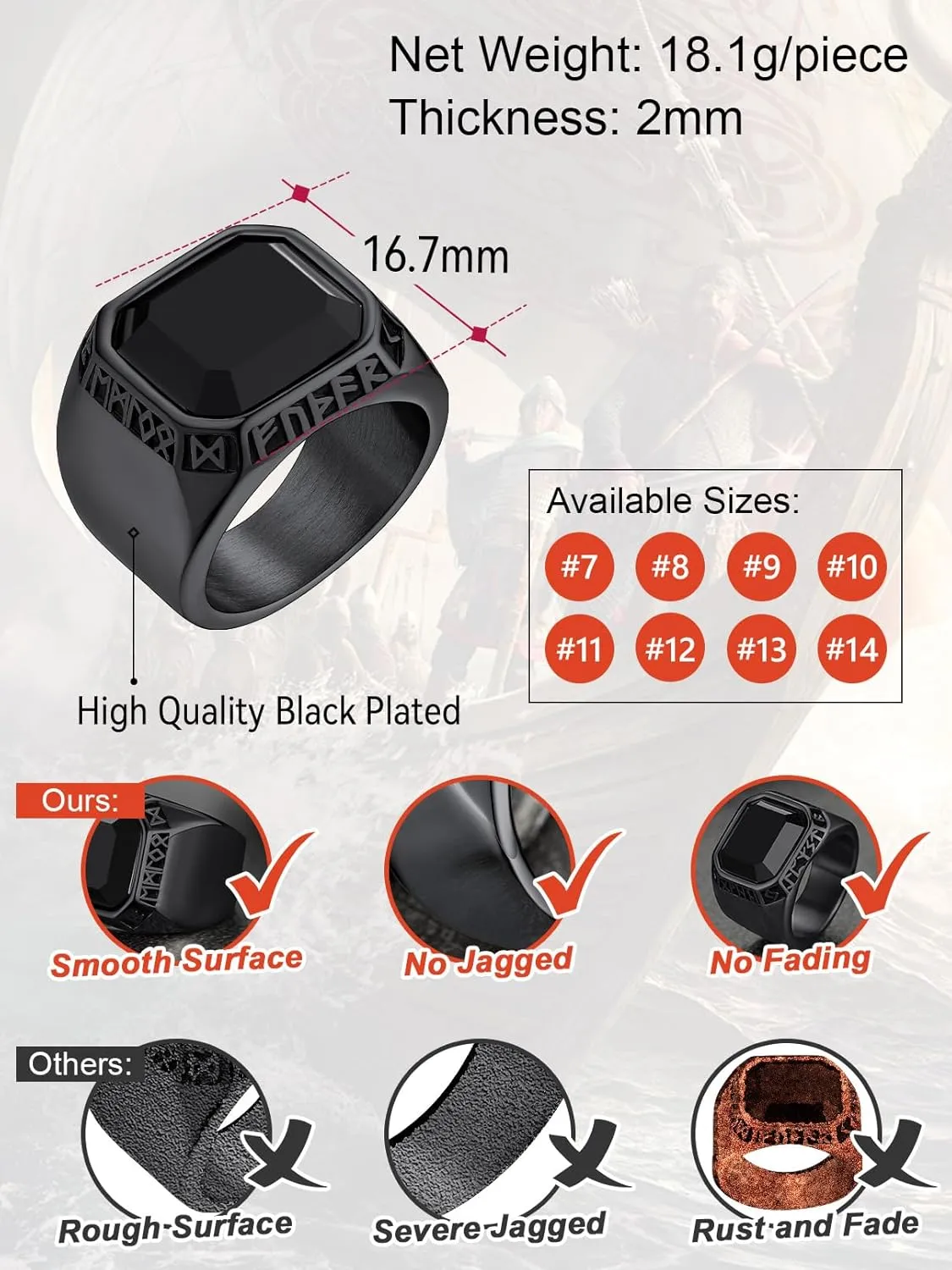 FaithHeart Black Onyx Rings for Men, Stainless Steel Ring with Round/Square Onyx Stone, Mens Norse Runes Celtic Knot Rings Size 7-14