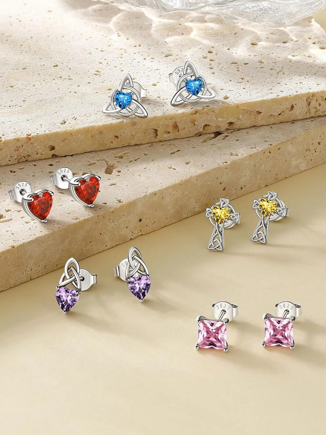 FaithHeart Sterling Silver Earrings for Women, Heart/Square/Celtic Knot Birthstone Stud Earrings Dainty Cubic Zirconia Hypoallergenic Jewelry with Gift Box