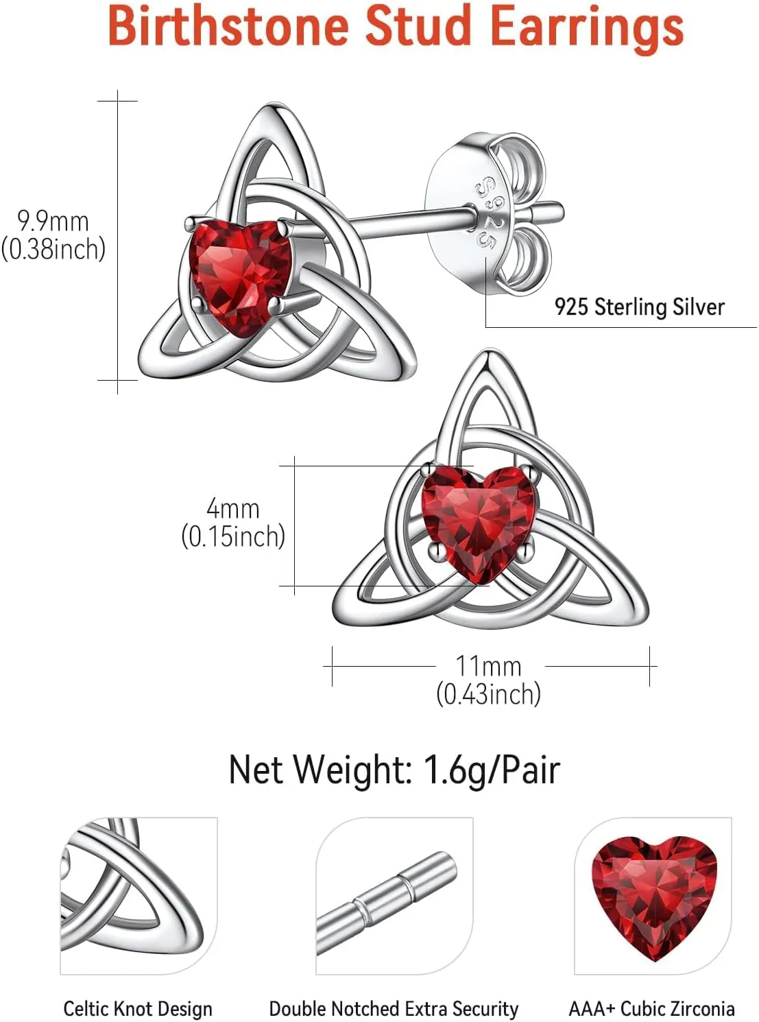 FaithHeart Sterling Silver Earrings for Women, Heart/Square/Celtic Knot Birthstone Stud Earrings Dainty Cubic Zirconia Hypoallergenic Jewelry with Gift Box