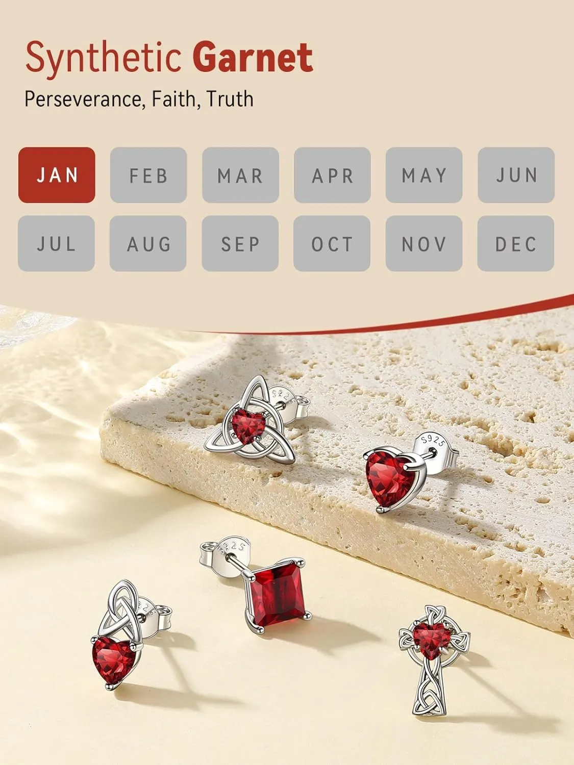 FaithHeart Sterling Silver Earrings for Women, Heart/Square/Celtic Knot Birthstone Stud Earrings Dainty Cubic Zirconia Hypoallergenic Jewelry with Gift Box