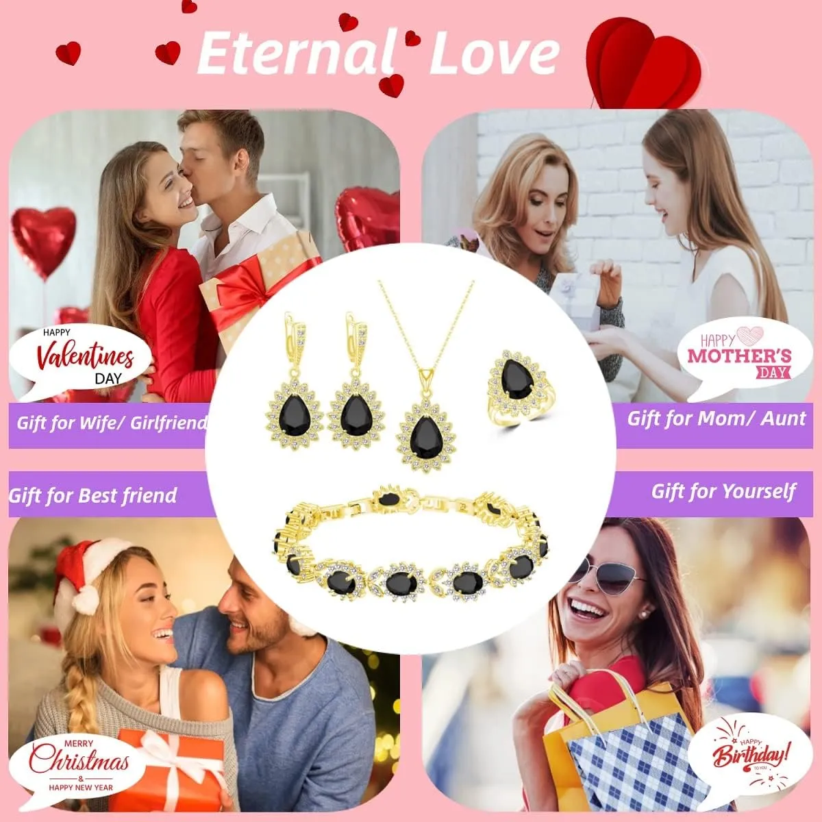 Fashion Jewelry Sets for Women GirlPlatinum Plated/Gold Plated/Rose Gold Plated/Gun Black Plated Earrings Pendants Adjustable Rings Bracelets Luxury Gem Jewelry Set Gift for Mom /Wife/Girlfriend/Best Friend