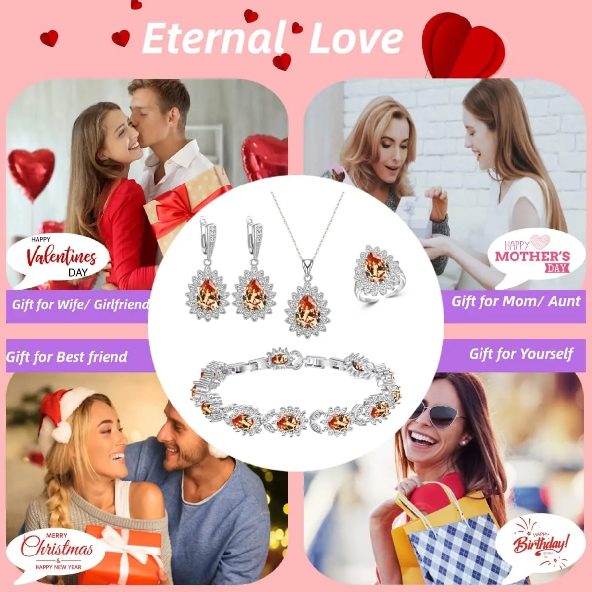 Fashion Jewelry Sets for Women GirlPlatinum Plated/Gold Plated/Rose Gold Plated/Gun Black Plated Earrings Pendants Adjustable Rings Bracelets Luxury Gem Jewelry Set Gift for Mom /Wife/Girlfriend/Best Friend