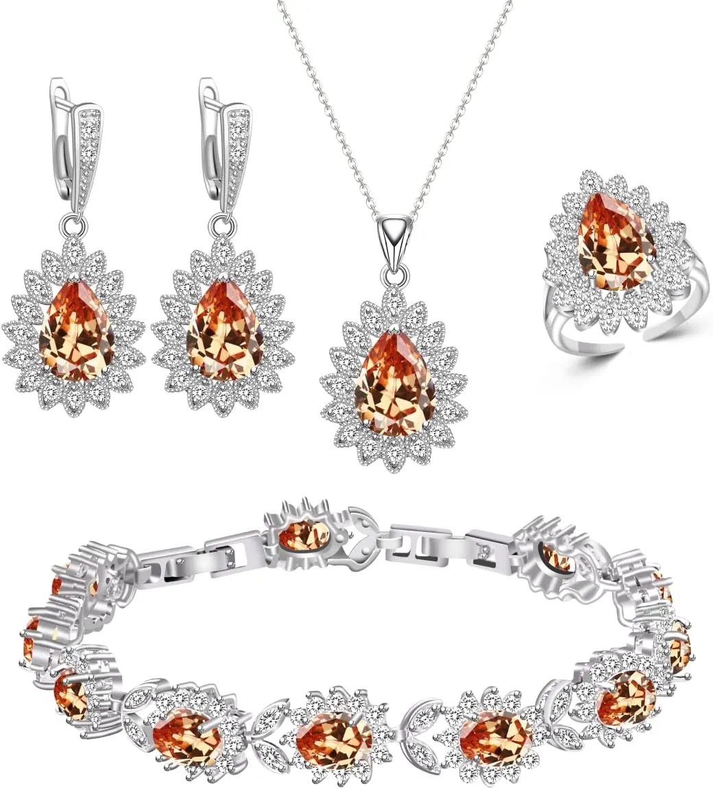 Fashion Jewelry Sets for Women GirlPlatinum Plated/Gold Plated/Rose Gold Plated/Gun Black Plated Earrings Pendants Adjustable Rings Bracelets Luxury Gem Jewelry Set Gift for Mom /Wife/Girlfriend/Best Friend