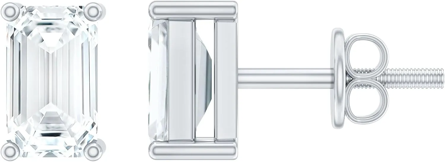 Fathers Day Sale, Certified Lab Grown Diamond Stud Earrings in Gold Plated Silver, Ef-Vs Quality, Diamond Emerald Cut Earrings - Ready to Gift