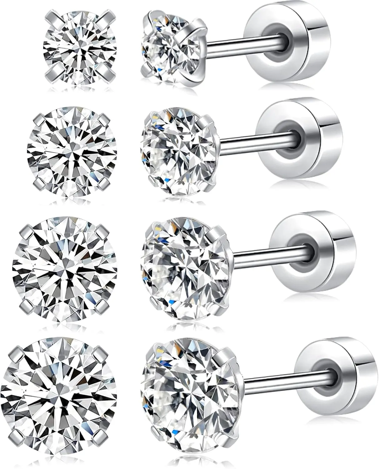 Fcebsty 4 Pairs Stainless Steel Stud Earrings for Women Hypoallergenic Cubic Zirconia Earrings Set White Gold Plated Lightning Tiny Stud Earrings for Women Trendy