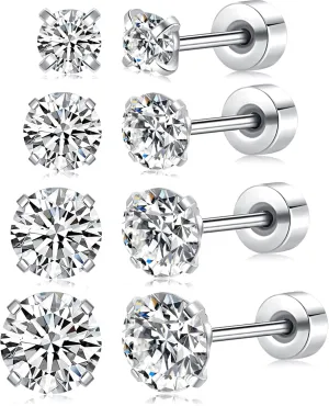 Fcebsty 4 Pairs Stainless Steel Stud Earrings for Women Hypoallergenic Cubic Zirconia Earrings Set White Gold Plated Lightning Tiny Stud Earrings for Women Trendy