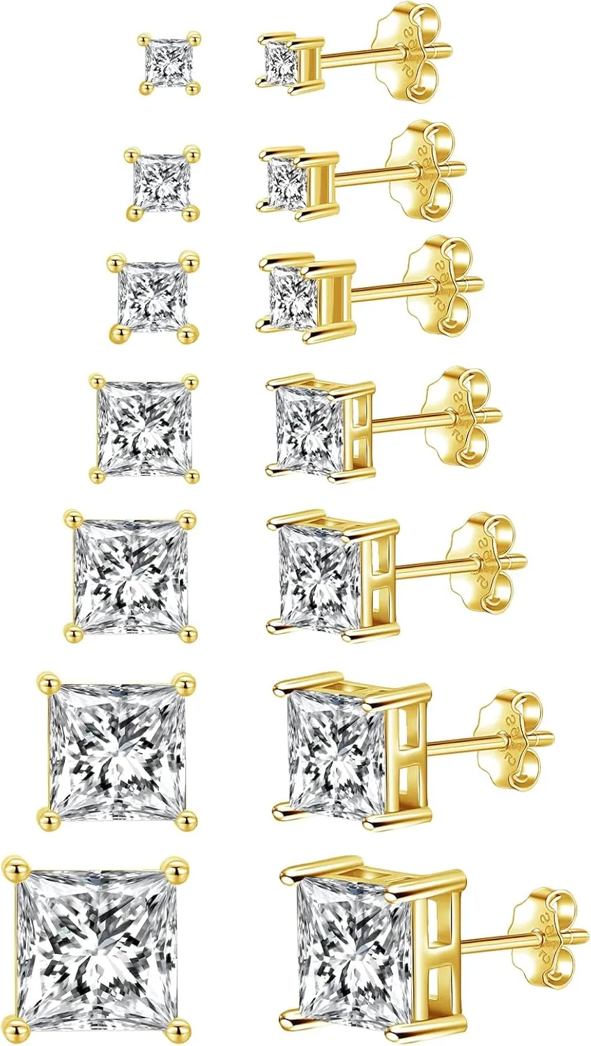 Fcebsty 7 Pairs Gold Stud Earrings Set for Women-Hypoallergenic Cubic Zirconia Earrings 14K Gold Earrings Square Cut Clear Cubic Zirconia Stud Earring Pack of 2-8mm
