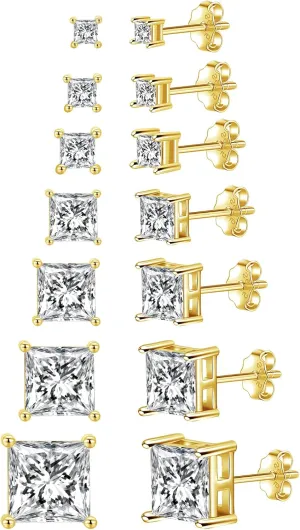 Fcebsty 7 Pairs Gold Stud Earrings Set for Women-Hypoallergenic Cubic Zirconia Earrings 14K Gold Earrings Square Cut Clear Cubic Zirconia Stud Earring Pack of 2-8mm